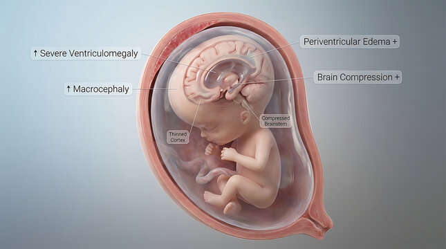 Transparent Severe Fetal Hydrocephalus with Marked Ventriculomegaly Increased Intracranial Pressure Macrocephaly Cortical Thinning Brainstem Compression Pathology
