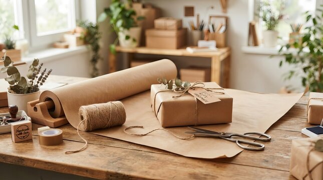 Eco friendly gift wrapping set with craft paper twine natural branch plants on rustic wooden table.