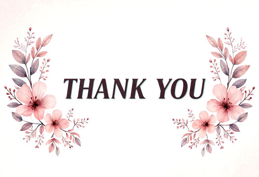 Beautiful watercolor thank you card with delicate pink flowers and leaves arrangement design