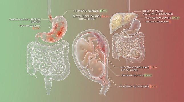 Transparent Severe Hyperemesis Gravidarum with Gastric Mucosal Erosion and Hepatic Steatosis Maternal Metabolic Decompensation Gastrointestinal Pathology Visualization