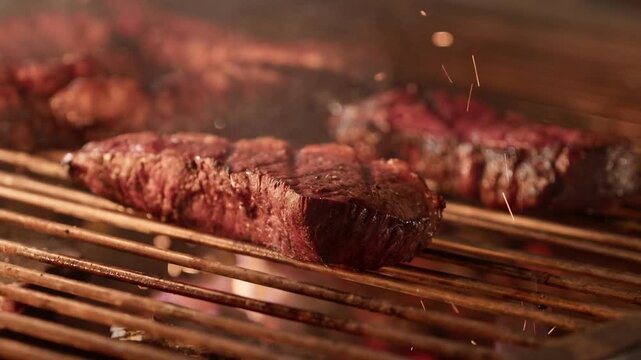 Row of browned beef cuts sizzling over open flame on a hot barbecue grate