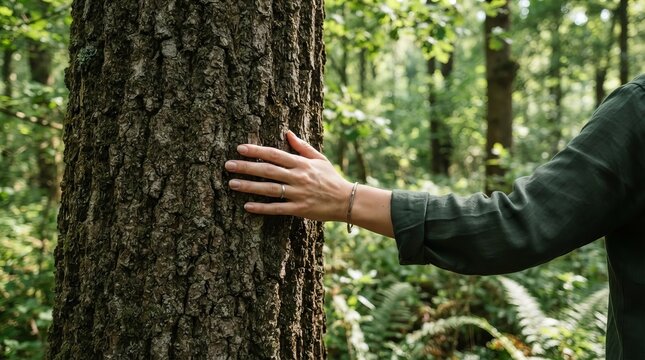 A Person Gently Touching A Mature Tree Bark Exploring Nature Connection In A Lush Vibrant Forest.