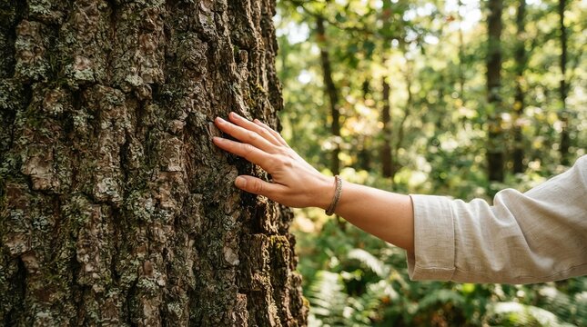 A Person Touching Withered Tree Bark in a Deep Sunny Forest During Autumn Sunlight for Experience