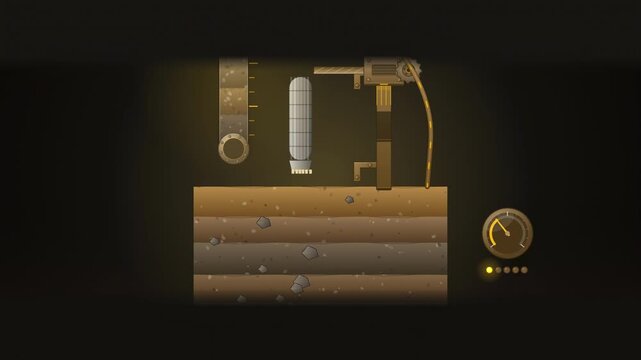 Abstract animated soil bore sample building up in layers drawn as amber and orange lines and shapes on a deep dark background. Seamless looping 4K motion graphics video with free space for text, ideal