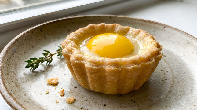 Small savory egg tart on a ceramic plate with fresh herbs illustration