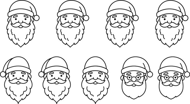 Cute Christmas Santa Claus head avatar outline icon set with bearded face emotions wearing hat and glasses coloring page vector illustration