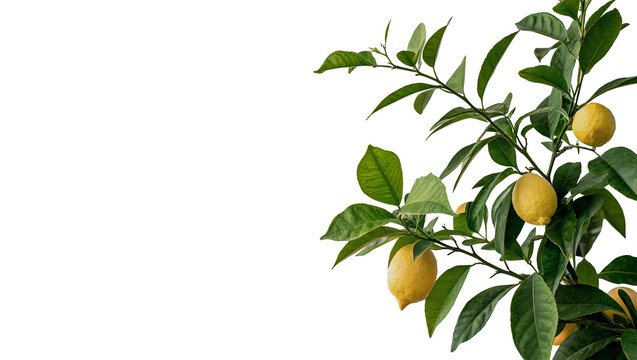 Small branch of fresh lemons fruit on tree isolated on transparent background