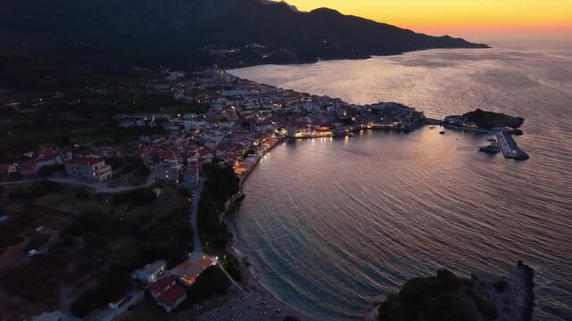 Aerial footage over Kokkari village, a touristic hub, on the island of Samos, Greece