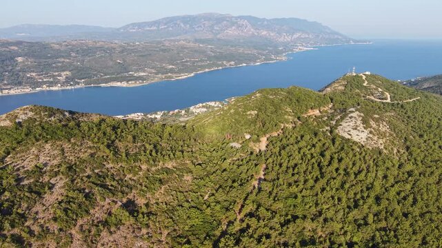 Aerial footage of mountain and the Aegean sea on Samos island, Greece