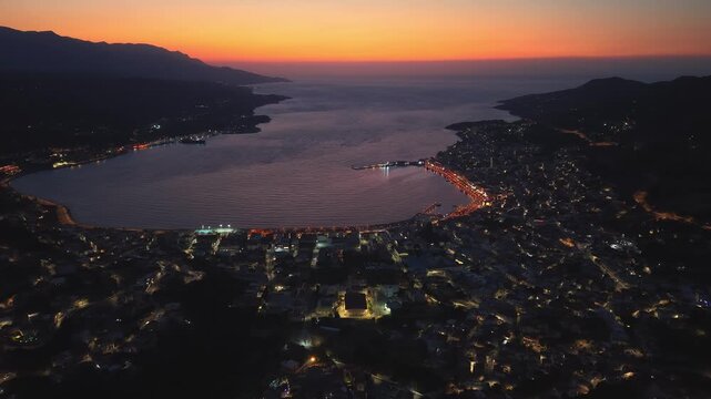 Aerial footage over Samos island, Greece at dusk