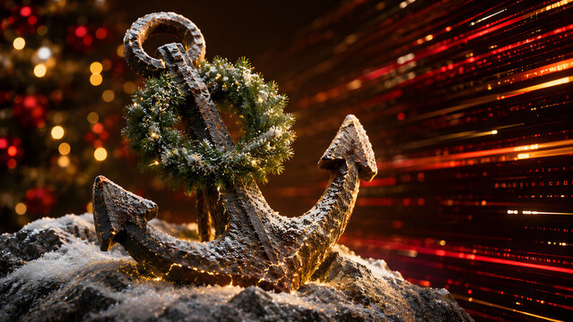 Old rusty ship anchor with green Christmas wreath sitting on snowy rock with red festive light trails and blurred background