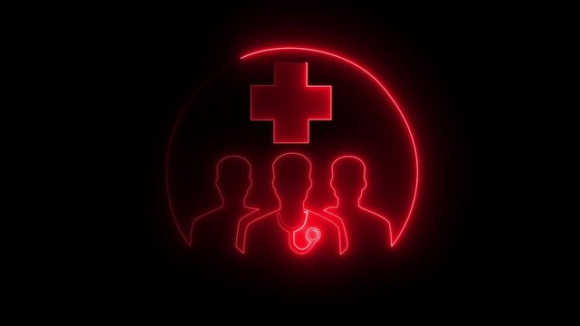Red Neon Medical Team Icon Animation with Healthcare Cross Symbol on Black Background