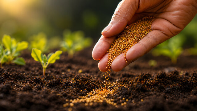Close up of hand sowing mustard seeds into fertile dark soil in farm field with small green plant sprouts under warm sunlight