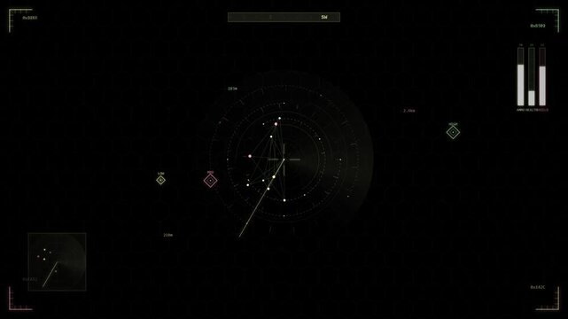Digital radar interface display showing targeting data and navigation coordinates for tactical monitoring