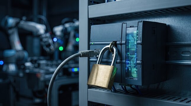 A secure server with a padlock, showcasing modern technology and robotics in a controlled environment.