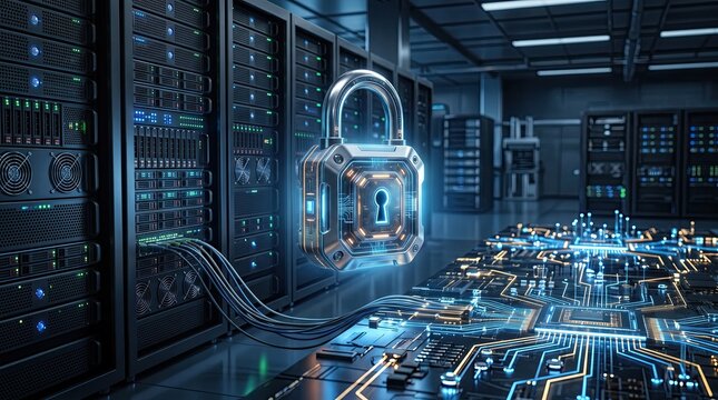A secure digital environment showcasing servers with a glowing lock symbolizing data protection and cybersecurity.