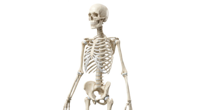 Human skeleton model isolated on transparent background for anatomical study and education use.