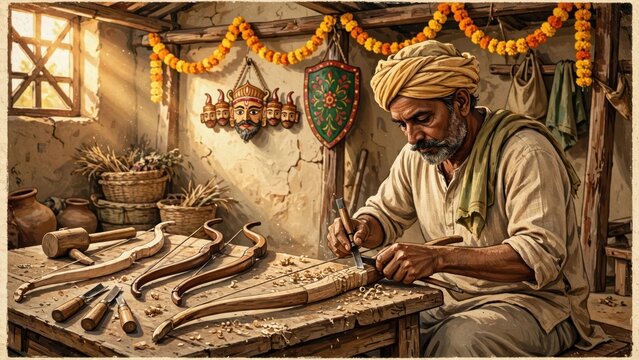 Artisan crafting wooden bow for festival celebration inside rustic workshop
