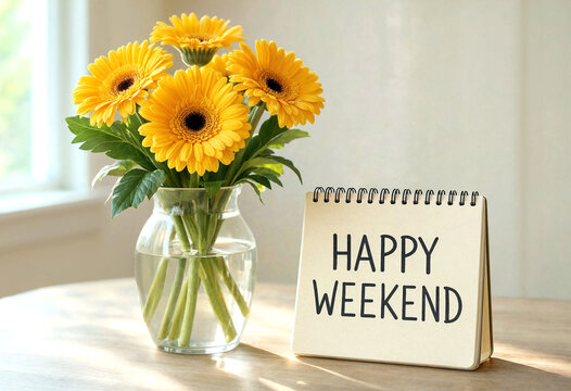 Bright yellow gerbera daisies in a clear vase beside a happy weekend notebook on table