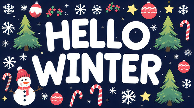 Hello Winter text with pixel art Christmas decorations illustration
