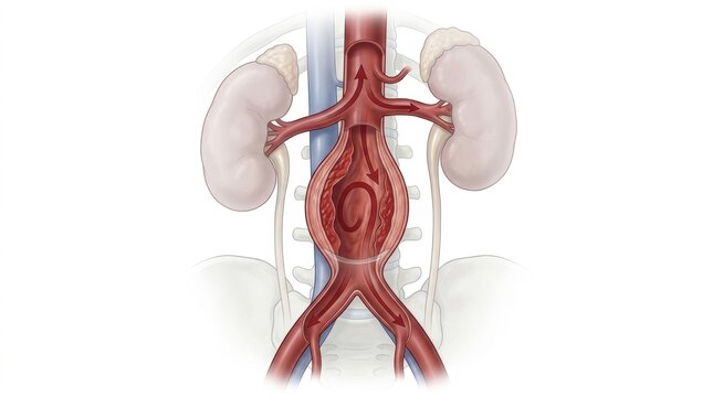 Illustration of abdominal aortic aneurysm with blood flow dynamics shown