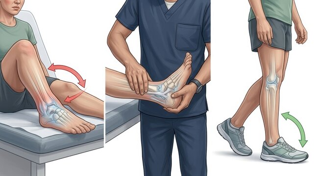 Medical illustration showing examination and movement of the human ankle and knee joints