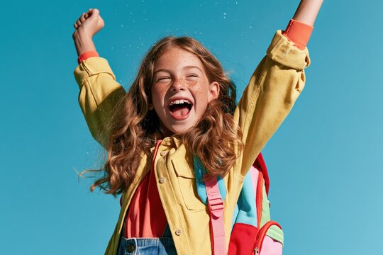 Joyful young girl with freckles celebrating with arms raised against a blue sky