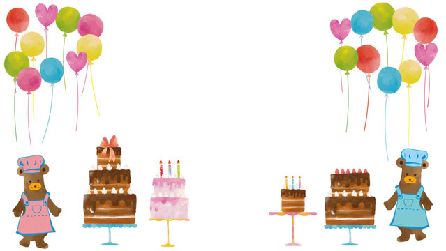 水彩風 熊のケーキ屋さんお誕生日フレーム Happy Series:Watercolor-style birthday frame featuring a bear's cake shop