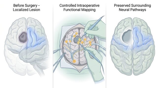 Brain surgery mapping to preserve neural pathways during lesion removal