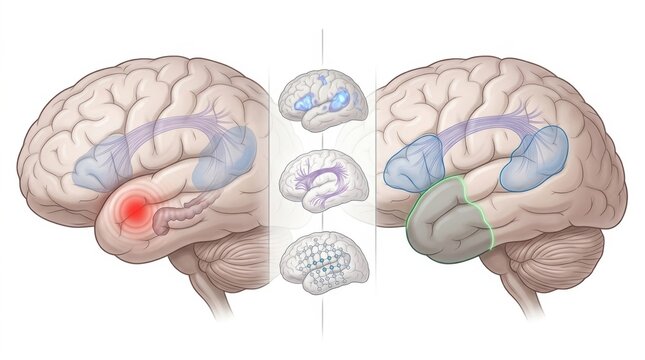 Illustration of human brain regions involved in language processing and neural pathways