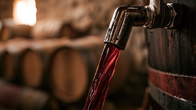 Dark red liquid streams from a tap on a wooden barrel in a cellar