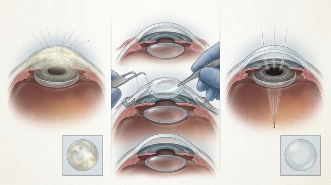 Corneal transplant surgery procedure illustrated step-by-step for medical education