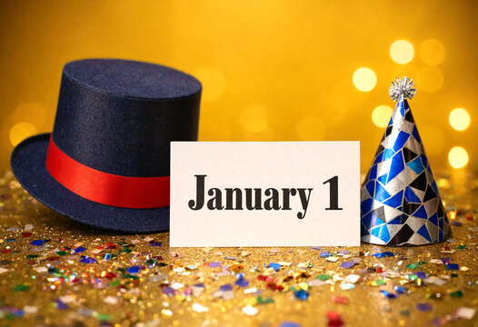 Celebrate new year with january first party hat and top hat on glitter background