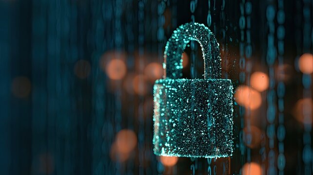 Digital lock in glowing particles against blurred binary code background