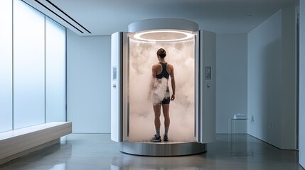 Fototapeta premium Person stands in a cryogenic chamber emitting cold mist for therapy