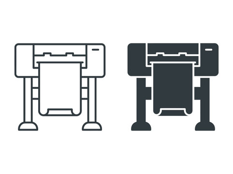 Large format printer vector illustration set displaying two minimal black and white industrial equipment design icons