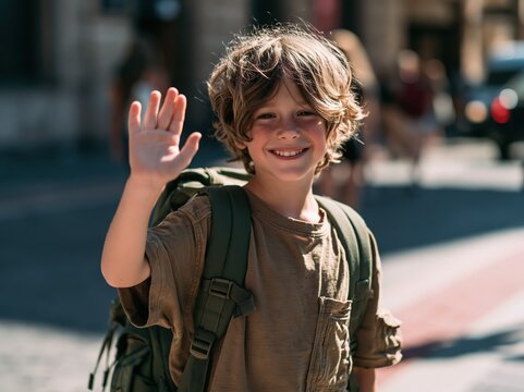Cheerful young boy with backpack waving hello on a sunny day