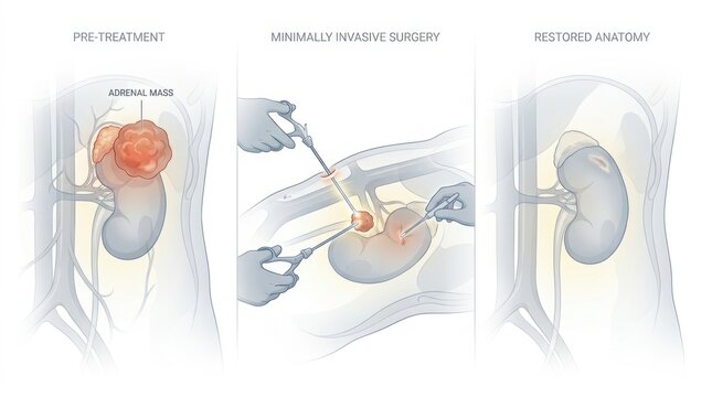 Minimally invasive adrenal mass removal surgery and restored anatomy illustration