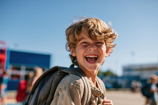Joyful schoolboy with backpack laughing heartily outdoors on a sunny day