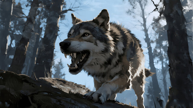 Aggressive wild gray wolf growling with sharp teeth in cold snowy winter landscape photo
