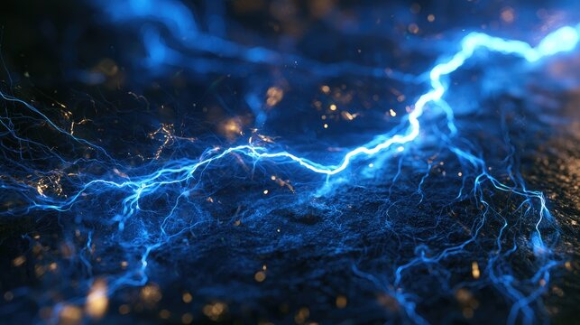 Electric blue energy bolts crackle across a dark, textured surface with sparks