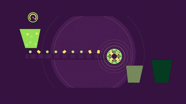 Abstract animated eddy current separator drawn as green and teal lines and shapes on a deep dark background. Seamless looping 4K motion graphics video with free space for text, ideal for sustainabilit