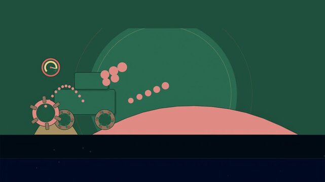 Abstract animated compost turner drawn as green and teal lines and shapes on a deep dark background. Seamless looping 4K motion graphics video with free space for text, ideal for industry explainers, 