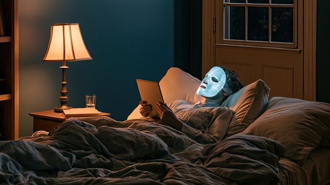 Person in bed at night with glowing face mask reads a tablet