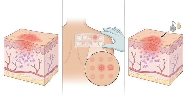 Dermatology patch test showing allergic reaction and immune cell response in skin