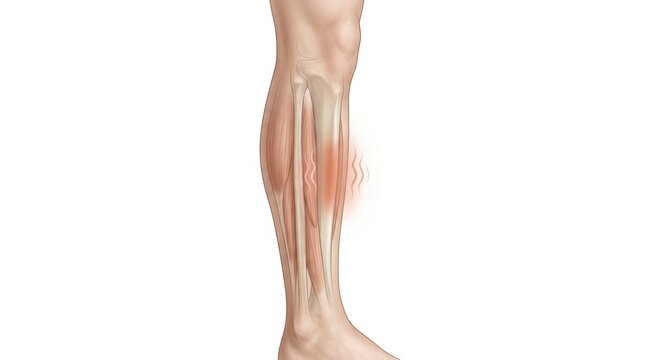 Anatomical illustration of a human leg showing muscle and bone structure with pain
