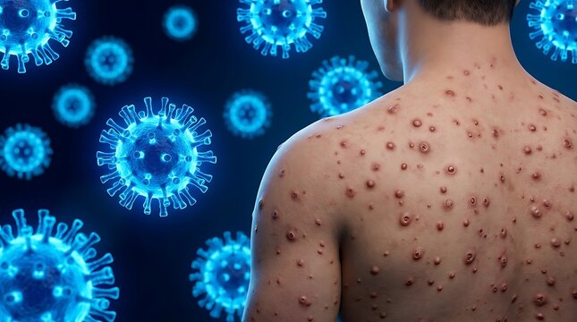 Close up of human skin with viral rash infection next to floating blue virus cells