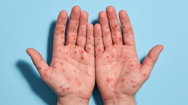 Close up of human hands showing viral rash symptoms on palms against blue background