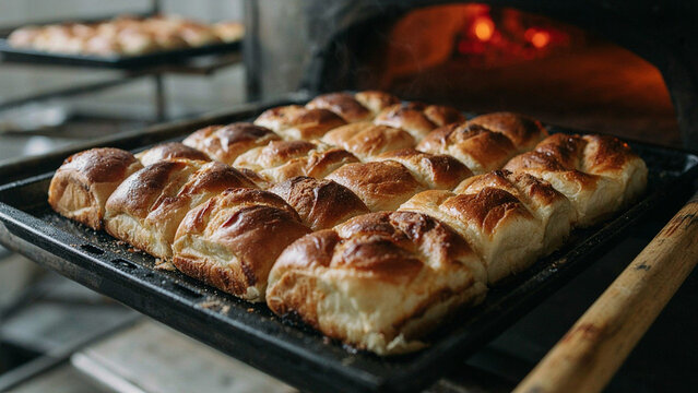 Freshly Baked Artisan Bread Rolls on a Bakery Oven Tray