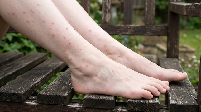 Close up of woman legs with red itchy skin rash from insect bites outdoors in garden